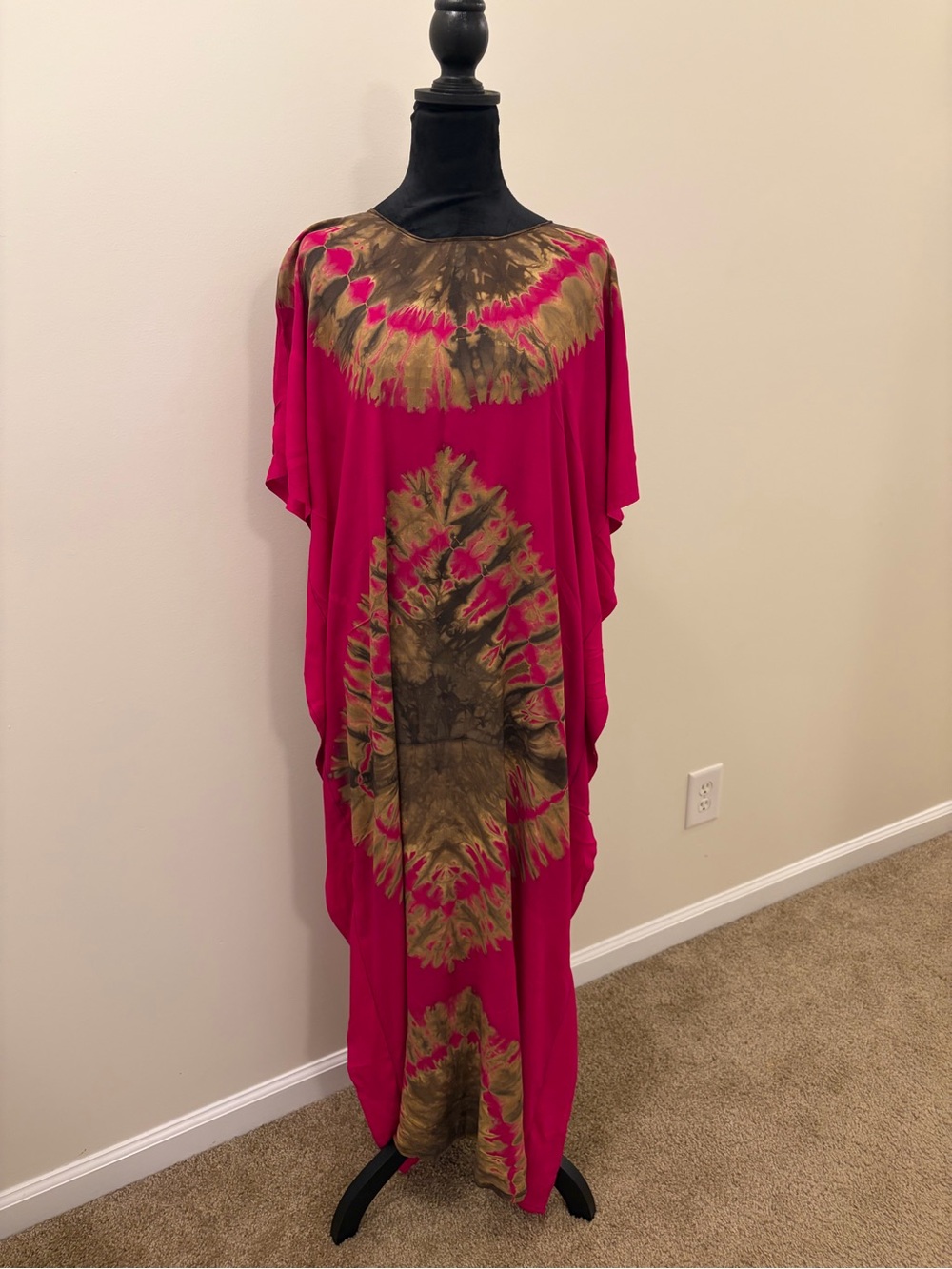 Vibrant Pink Tie-Dye Maxi Dress with Olive Accents